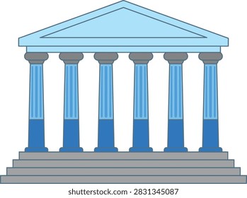 Illustration of classical Greek architecture featuring blue columns, a triangular pediment, and stone steps. Ideal for history, government, or legal concepts.