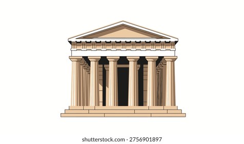 Illustration of a classical Greek temple facade featuring Doric columns, entablature, and a triangular pediment on a white background.