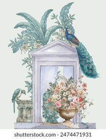 illustration of classical Roman flower vase with temple dome, bird and peacock for wallpaper