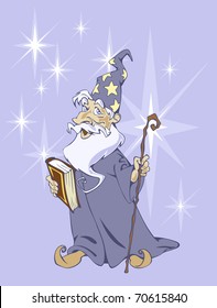 Illustration of a classical wizard with a magic book and stick in his hands