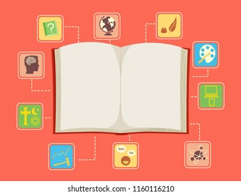 Illustration of Classification Icons or Subjects on an Open Book from Arts to Technology