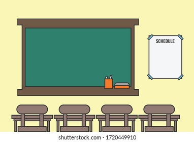 Ilustración de un aula con una silla de mesa de pizarra y un cartel en la pared