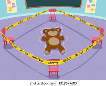 Illustration of a Classroom Crime Scene Game with a Teddy Bear Victim and Yellow Caution Tapes