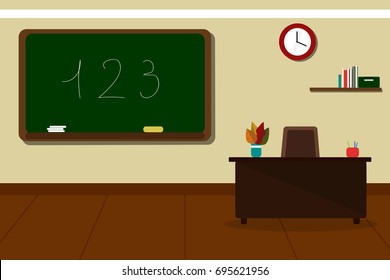 Illustration classroom interior with teacher's desk, large blackboard on wall in vector format in flat style.Class background by the first of September or the day of the teacher.Back to school