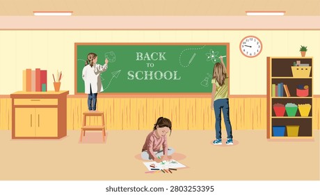 illustration of a classroom scene celebrating the back to school theme, featuring students drawing and writing on a chalkboard with school supplies, books, shelves, and educational elements. A cheerful learning environment with children preparing for a new school year, perfect for education, academic, and school-related designs.