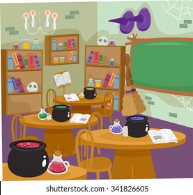 Illustration of a Classroom for Witches Complete with All Sorts of Witchcraft Tools