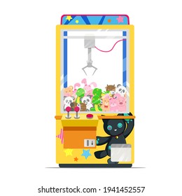 Illustration of claw crane game machine with big pile of dolls inside it