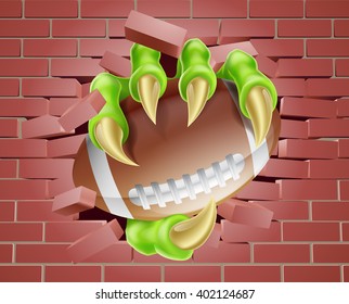 An illustration of a claw hand holding an American football ball breaking through a brick wall