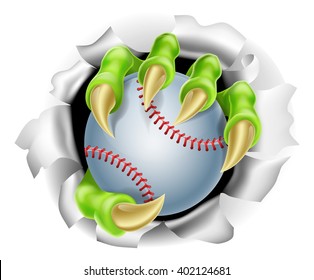 An illustration of a claw hand holding a baseball ball ripping out of the background