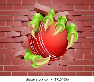 An illustration of a claw hand holding a cricket ball breaking through a brick wall