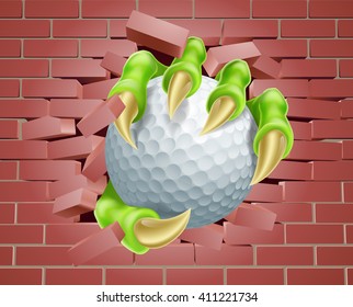 An illustration of a claw hand holding a golf ball breaking through a brick wall