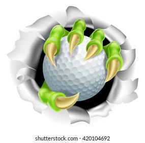 An illustration of a claw hand holding a golf ball ripping out of the background