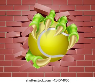 An illustration of a claw hand holding a tennis ball breaking through a brick wall