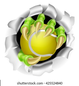 An illustration of a claw hand holding a tennis ball ripping out of the background