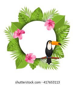 Illustration Clean Card with Pink Roses Mallow, Toucan Bird on Branch and Green Tropical Leaves - Vector