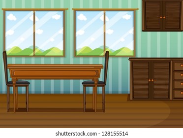 Illustration of a clean dining room with wooden furnitures