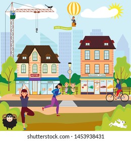 Illustration of a clean environment. Sports running, yoga, Cycling, hot air ballooning. Wild and domestic animals