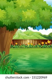 Illustration of a clean fenced backyard with plants