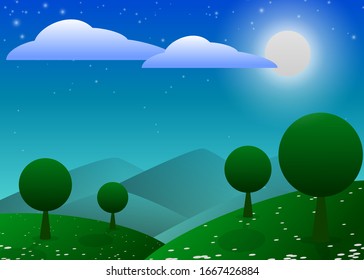 Illustration of a clean and green forest under the bright fullmoon. Vector illustration