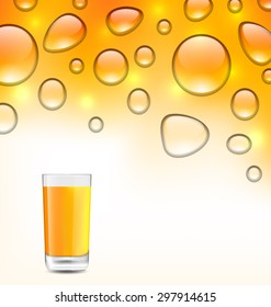 Illustration Clean Water Droplets with Orange Juice with Glass, Orange Background - Vector