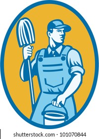 illustration of a cleaner worker carrying cleaning mop and pail set inside ellipse done in retro style.