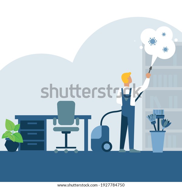 \
Illustration. Cleaning and disinfecting the\
office to prevent COVID-19.\
Vector