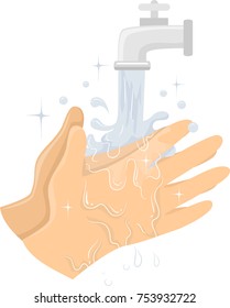 Illustration of Cleaning Hands Under Running Water from Tap