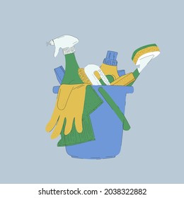An illustration for the Cleaning Service. A bucket of detergents, sponges, powders, brushes. Vector illustration for laundry or cleaning design. Vector illustration
