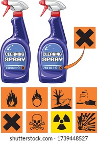 Illustration of cleaning spray in plastic bottle with warning symbols.