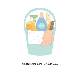 Es una ilustración de las herramientas de limpieza en un cubo.