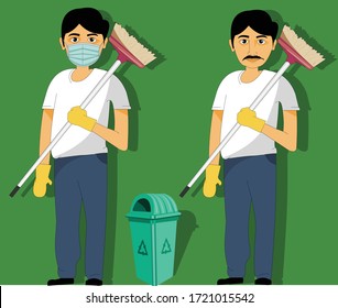 Ilustración de los trabajadores de limpieza y basurero