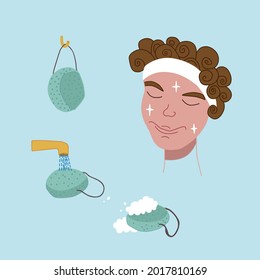 An illustration of cleansing a woman's face with soap and sponge. The concept of skin care. The EPS10 vector.