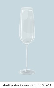 Illustration of a clear champagne glass. Tall, elegant champagne glass on a light blue background. Perfect for champagne celebrations and elegant events. Aesthetic vector illustration.