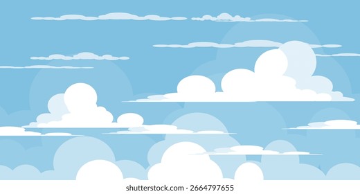 Ilustración de un cielo claro y nublado en un estilo plano. Cielo de dibujos animados y fondo de nubes. Nubes azules. Fondos de pantalla temáticos de Naturaleza, primavera y verano.