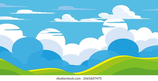 Ilustração de um céu claro e nublado em um estilo plano. Céu de desenhos animados e fundo de nuvens. Nuvens azuis. Natureza, primavera e verão papéis de parede temáticos.