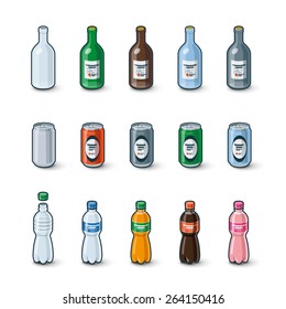 Illustration of clear glass bottle, aluminum can and plastic bottle in different color drink modification with labels.
