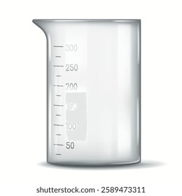 Illustration of a clear laboratory beaker with detailed measurement markings. It is used for mixing, measuring and pouring liquids in scientific experiments.