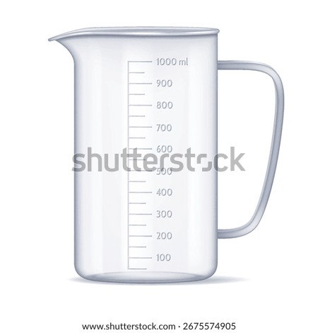 Illustration of a clear measuring cup featuring a handle and precise scale markings. Ideal for kitchen and laboratory use. Simplistic design in neutral colors.