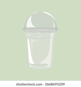 Illustration of a clear plastic cup with a dome lid on a light green background. The plastic cup is empty, showcasing its transparent design. Simple and minimalistic style. Aesthetic vector.