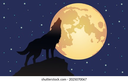 Illustration of the clear starry sky and a huge moon shining in the background.Foreground howling lone wolf, loner.