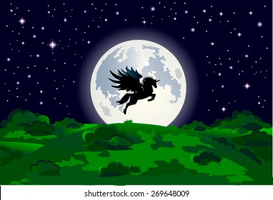 Illustration of the clear starry sky and a huge moon shining in the background.Foreground flying, winged unicorn beautiful and strong.