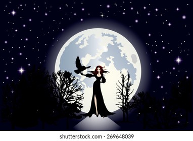 Illustration of the clear starry sky and a huge moon shining in the background.Foreground approaching a beautiful woman, a witch dressed in black with very white skin contrasting.