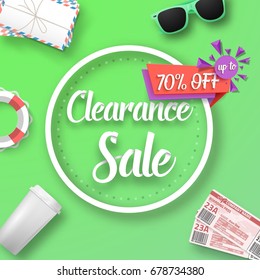 Illustration of Clearance Sale Vector Poster. Bright Sale Flyer Template with Travel Icons