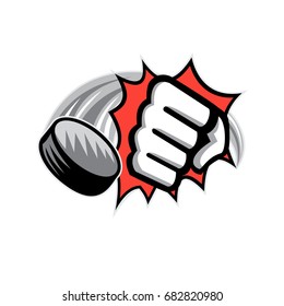 Illustration of a clenched Fist Breaking through Wall with Hockey Puck coming up from background on isolated white background.