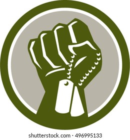 Illustration of a clenched fist clutching holding dogtag viewed from front set inside circle done in retro style. 