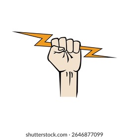 Illustration of a clenched fist holding a lightning bolt, depicting power, energy, and dynamism. Represents empowerment, electricity, and the dynamic force of strength and innovative ideas.