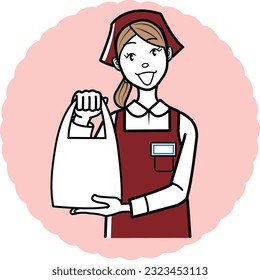Illustration of a clerk handing over a product
