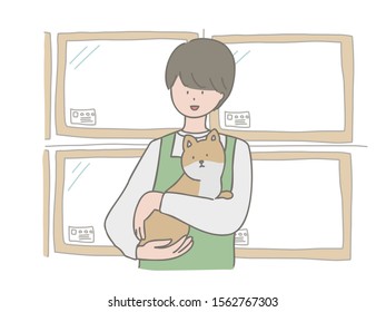 Illustration of a clerk at a pet shop holding a puppy.