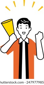 Illustration of a clerk wearing a happi and inviting customers with a megaphone (skin is painted with white)