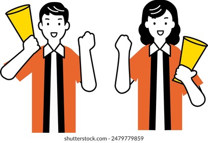 Illustration of a clerk wearing a happi and inviting customers with a megaphone (skin is painted with white)